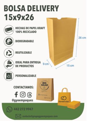 Bolsa Delivery de Papel Kraft 15x9x26cm