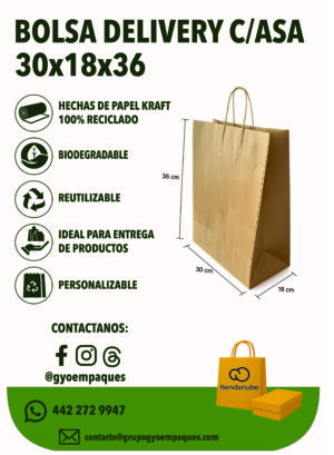 Bolsa Delivery de Papel kraft 30x18x36cm c/asa torcida