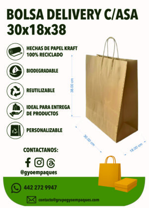 Bolsa Delivery de Papel kraft 30x18x38cm c/asa torcida