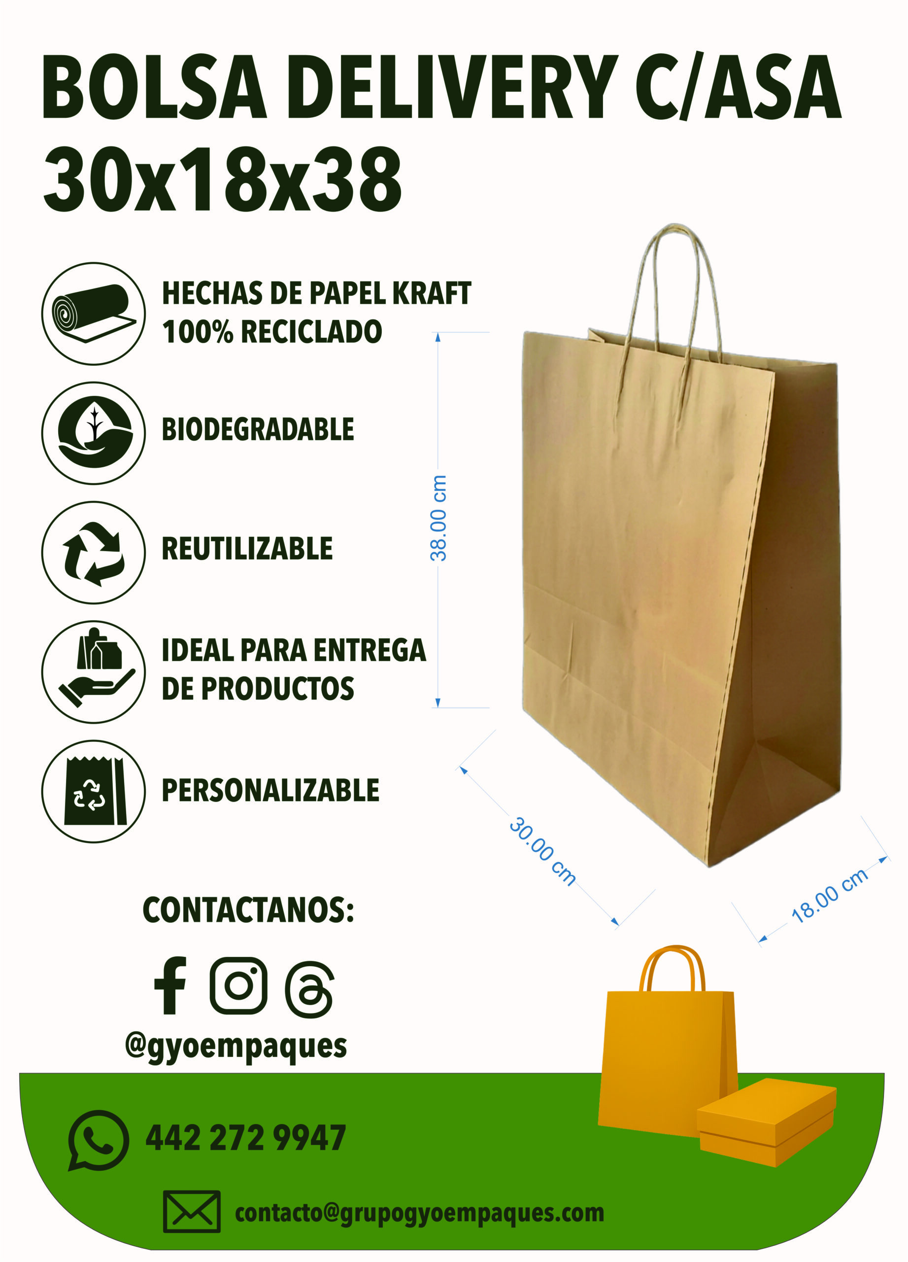 Bolsa Delivery de Papel kraft 30x18x38cm c/asa torcida