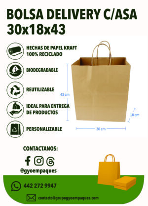 Bolsa Delivery de Papel Kraft 30x18x43 c/asa torcida
