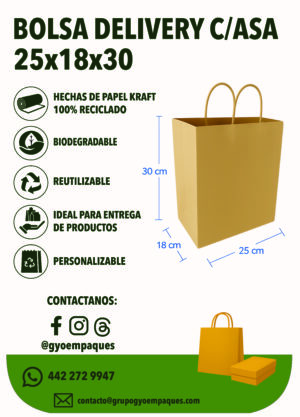 Bolsa Delivery de Papel Kraft 25x18x30cm c/asa torcida