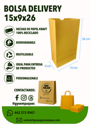 Bolsa Delivery de Papel Kraft 15x9x26cm