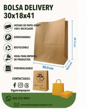 Bolsa Delivery de Papel Kraft 30x18x41cm