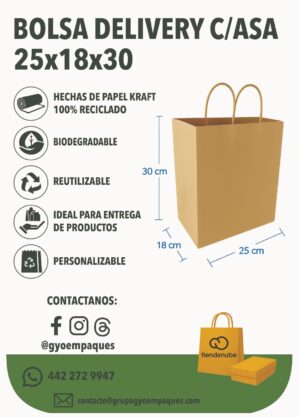 Bolsa Delivery de Papel Kraft 25x18x30cm c/asa torcida