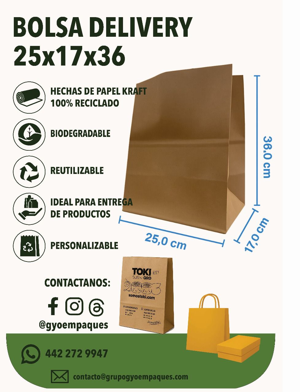 Bolsa Delivery de Papel Kraft 25x17x36cm