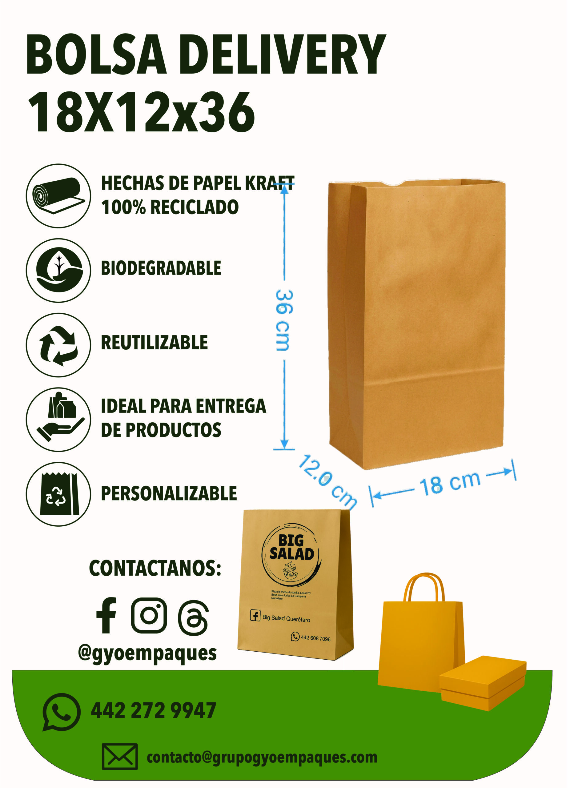 Bolsa Delivery de Papel Kraft 18x12x36cm